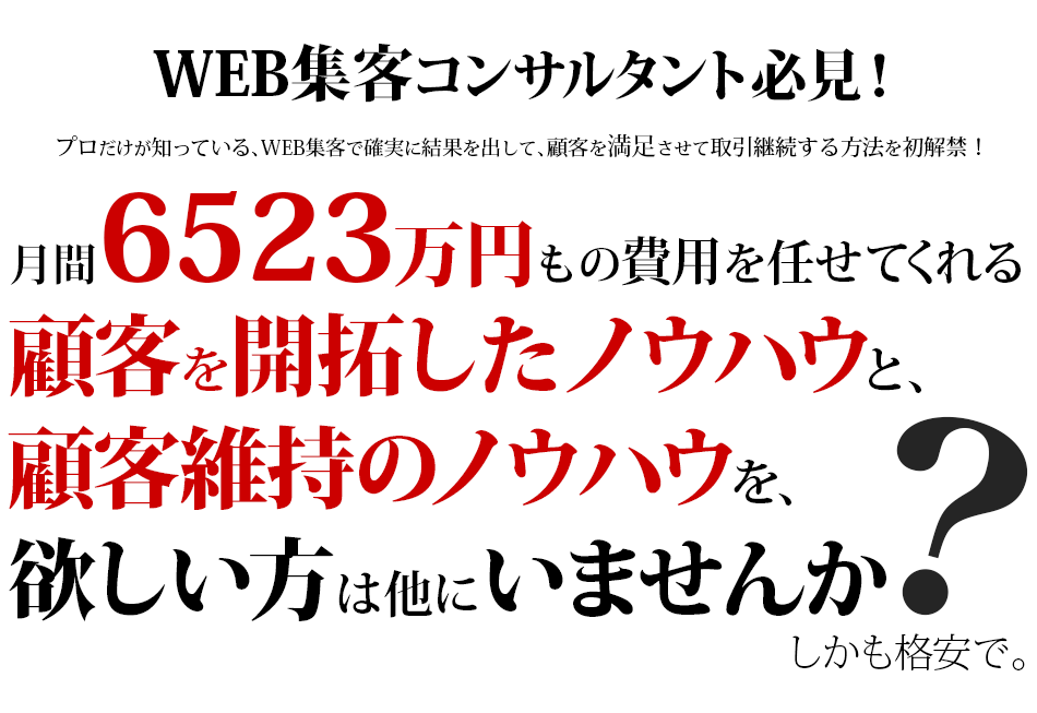 WEB集客コンサルタント必見！月間6523万円もの費用を任せてくれる顧客を開拓したノウハウと、顧客維持のノウハウを、欲しい方は他にいませんか？しかも格安で。